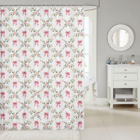Erosebridal Pink Bow Shower Curtain | Garden Abstract Blooming Bathroom Shower Curtain Sets Coquette Bow Waterproof Bathroom Curtains Dreamy Princess Style Bath Curtain 72" Wx72 L