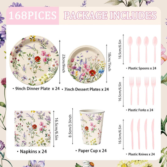 168pcs Wildflower Plates Napkins Party Supplies Disposable Paper Cups Pink Forks Tableware Set Wildflower Baby Shower Decorations for Spring Summer Picnic Tea Party 24 Guests