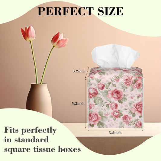 Pink Roses and Green Leaves Tissue Box Cover,Vintage Flowers Floral Waterproof Leather Square Tissue Box Cover Case Facial Paper Organizer Dispenser Box Holder for Home Office Bathroom Vanity