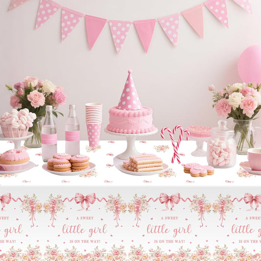 MEHOFOND 3 Pcs Pink Bow Baby Shower Table Cloth, Floral Coquette Sweet Girl Baby Shower Party Disposable Tablecloths Decorations, 108 x 54 Inch Plastic Table Cover Photo Booth Supplies