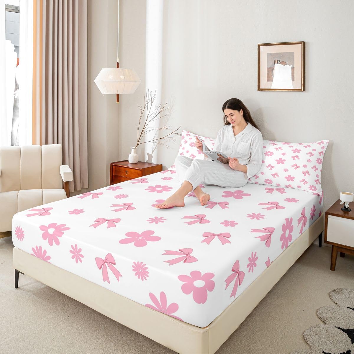 Feelyou Cute Bow Bed Sheets Sets Queen Size Kids Boys Girls Kawaii Flower Floral Bedding Set Pink Bed Sheet Set with 16-Inch Deep Pockets 4Pcs with 2 Pillow Cases