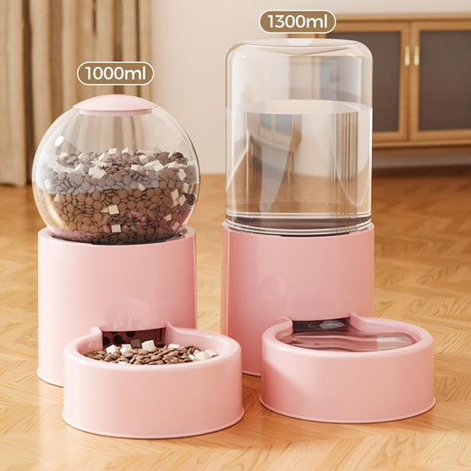 Cat Water and Food Bowl Set, Gravity Automatic Feeder & Water Dispenser for Cats and Small Dogs, Pet Food Bowl and Water Bowl 2-in-1 Pet Feeding Supplies for Indoor Use (Square Pink)