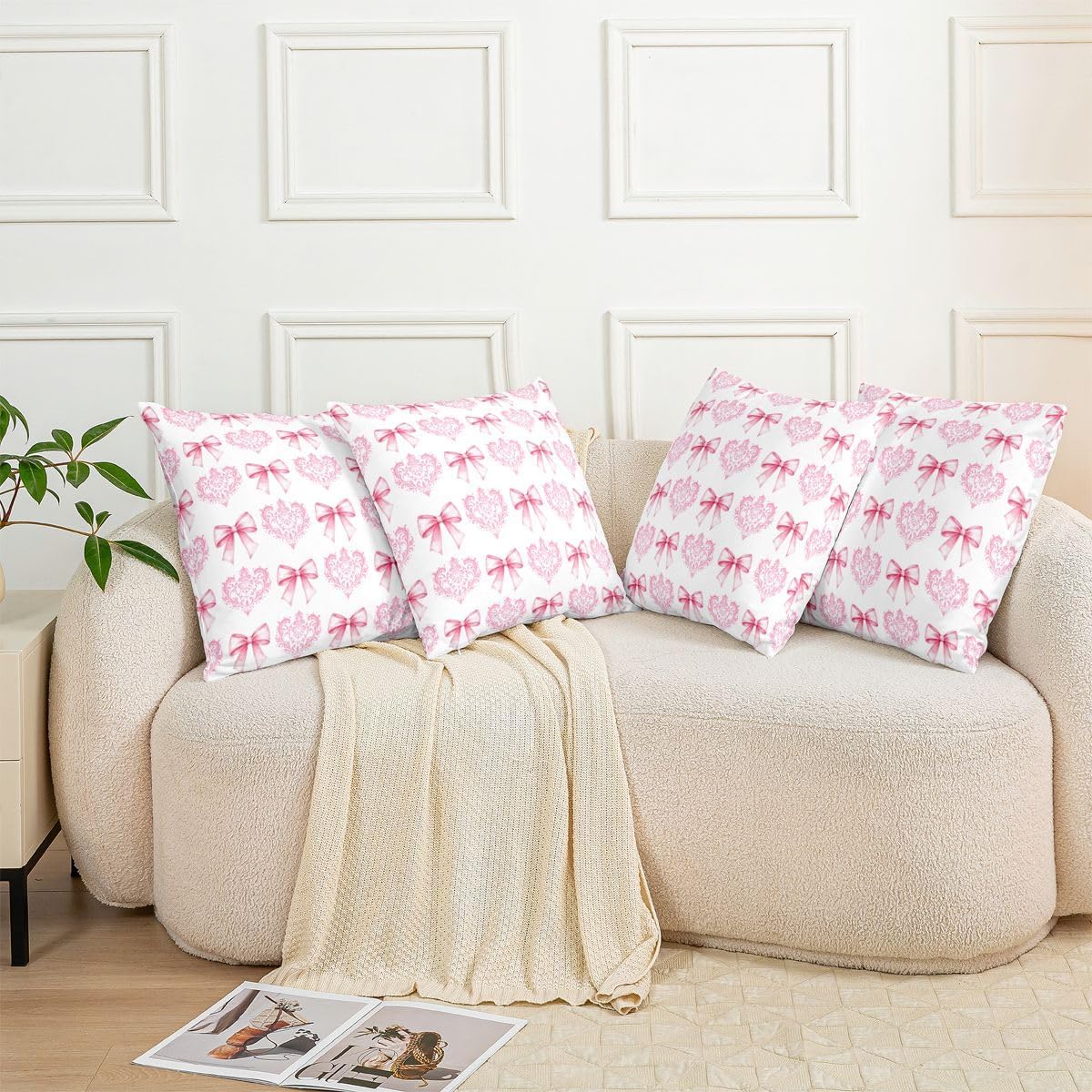 Manfei Cute Bowknot Kids Throw Pillow Cover,Damask Floral Antique Victorian Double Sides Pillow Case,Bow Tie Baroque Romantic Home Decor,Light Pink Bed Couch Sofa Cushion Cover,4 Pack 20"x20"