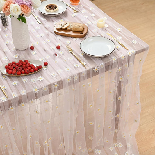 Horaldaily Pink Embroidery Daisy Spring Summer Gauze Tablecloth 60×84 Inch Rectangular, Seasonal Tulle Table Cover, Garden Party Decorations for Wedding, Party, Holiday Dining