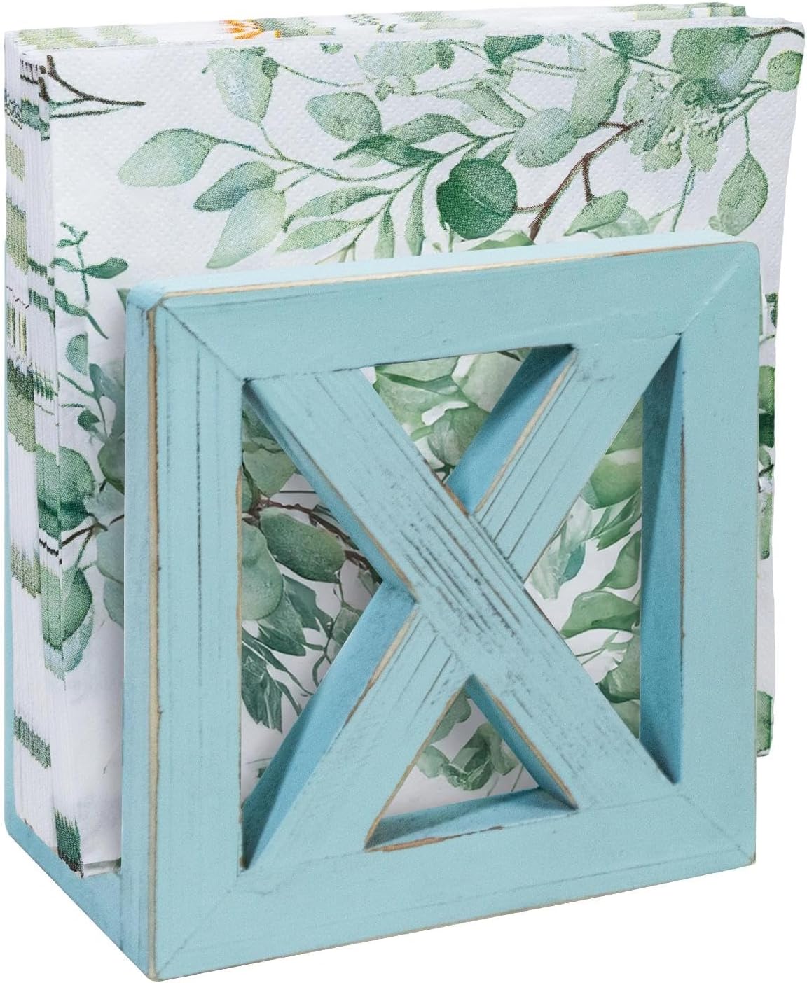 MAONAME Farmhouse Wooden Napkin Holder for Tables, Square Napkins Dispenser, Rustic Wood Guest Towel Holder Tray for Bathroom, Dinner Napkin Holders for Kitchen, Ocean Blue