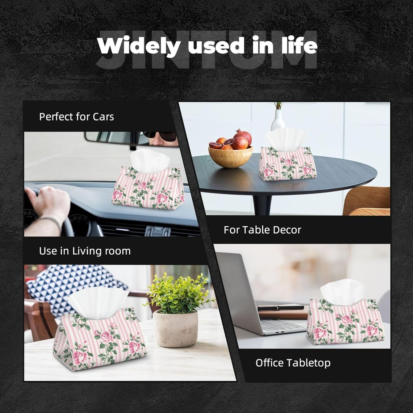 Pink Striped Rose Pattern Tissue Box Cover Rectangle Pu Leather Tissue Box Holder for Car Bathroom Bedroom Desk Tabletop Decor