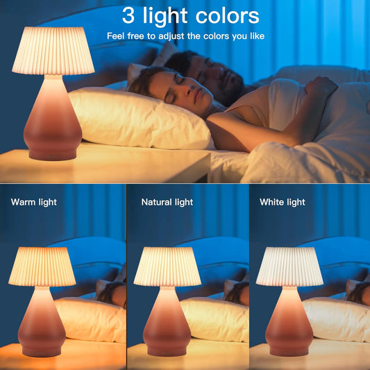 Modern Pink Small Cordless Table Lamp Rechargeable, Portable LED Desk Lamp,Touch Control 3 Colors Stepless Dimming with Pleated Lampshade for Restaurant Bedroom Office Outdoor Camping 1 Pack