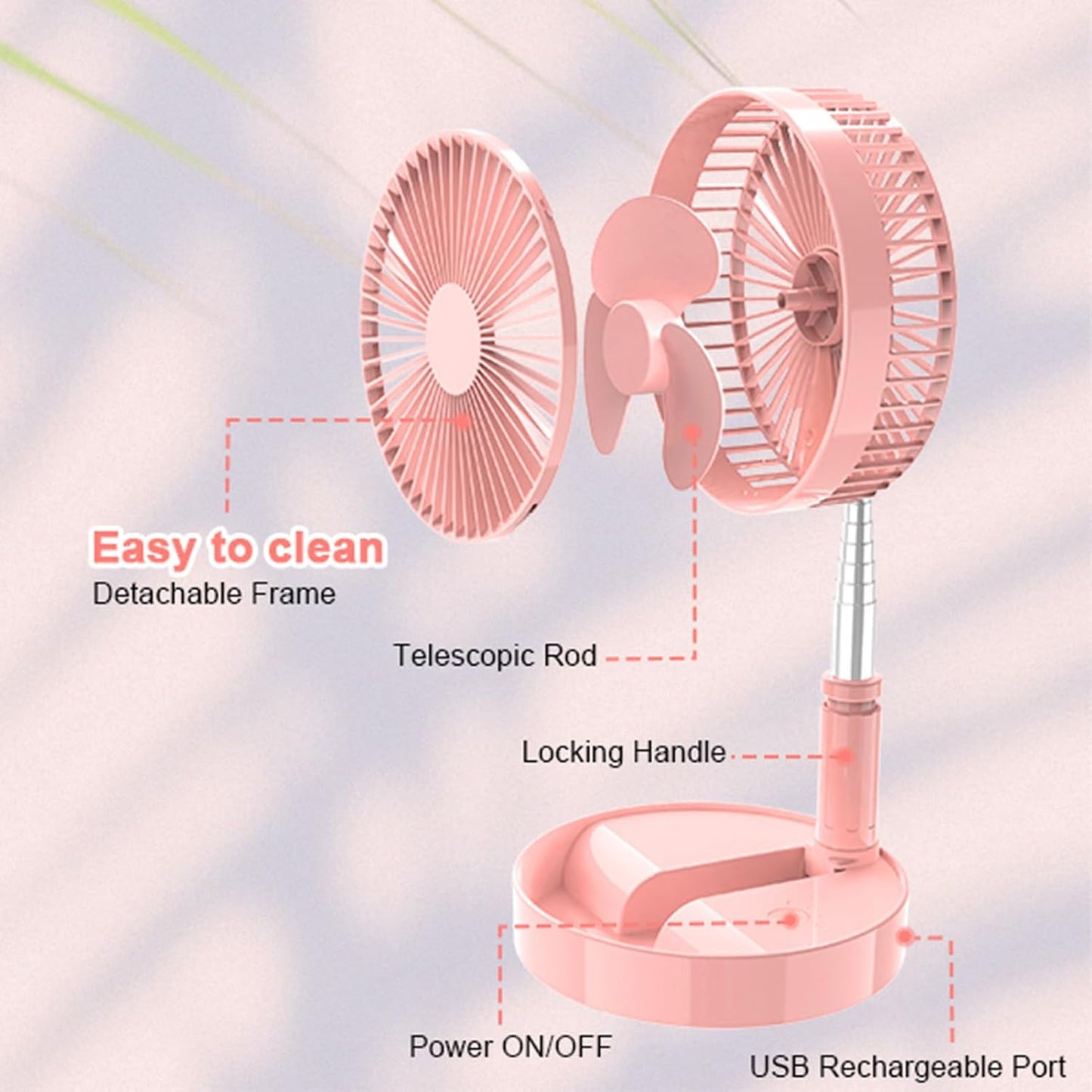 Pedestal Fan Foldable table fan, Adjustable Height, 7200mAh Rechargeable, Portable, Quiet, FoldAway (Pink)