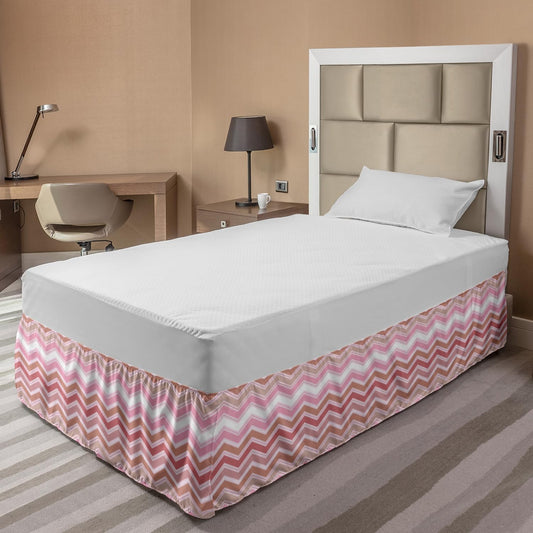 Lunarable Peach Pink Bed Skirt, Modern Style Soft Pastel Colored Horizontal Abstract Chevron Interpretation, Elastic Bedskirt Dust Ruffle Wrap Around for Bedding Decor, Full, Multicolor
