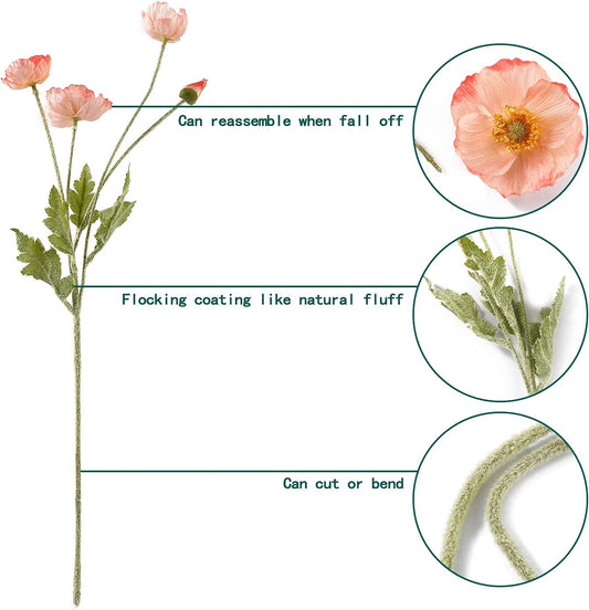 Artificial Poppy Flowers, 5 Bundles Faux Poppies with Stems for Floral Arrangements - Wedding, Home, Office, Party Table Centerpiece Decor (Pink)
