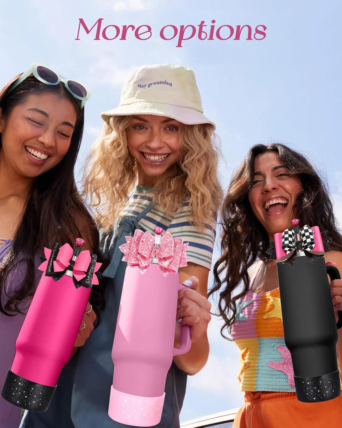 Bow Straw Topper with Cup Bootfor Stanley 40 30 oz - Bling Bow and Diamond Cover Caps with Bottom Protector 3 PCS Sets for Tumbler Accessories