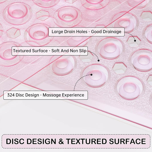Non-Slip Bathtub and Shower Mats, Power Grip Bath Mat 35 x 16.3 Inch with Suction Cups and Drain Holes for Tub Bathroom Floor Safety, Machine Washable Soft Bathmat, Clear Pink