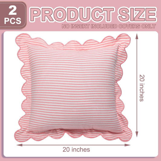 Newwiee 2 Pack Scalloped Pillow Cover 18 x 18 Inch Stripe Throw Pillow Cover Cotton Decorative Pillowcase for Women Men Couch Living Room Cushion Indoor Outdoor Decoration(Pink, Scalloped)
