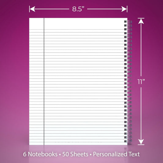 Custom Left Handed Spiral Notebook Journals with a Pastel Pink Colored Cover - 6 Pack of 8.5" x 11" – College Ruled, Hard Cover, 50 Sheets Per Book – For Journaling, Office, School Supplies, etc.