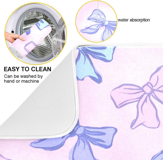Bows Light Pink Blue Dish Drying Mat Absorbent Dishes Drainer Rack Mats Microfiber Reversible Dish Drying Pad Fast Dry Kitchen Accessories 16x18in For Kitchen Counter