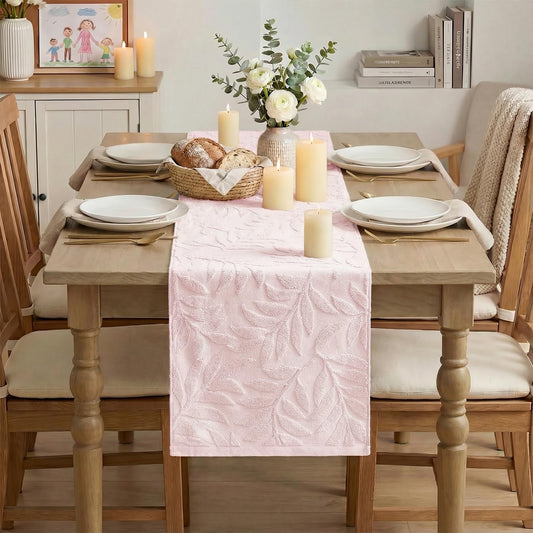 Artoid Mode Pink Soft 3D Jacquard Leaves 100%Cotton Spring Table Runner, Holiday Kitchen Dining Table Decoration for Home Party Decor 13x72 Inch