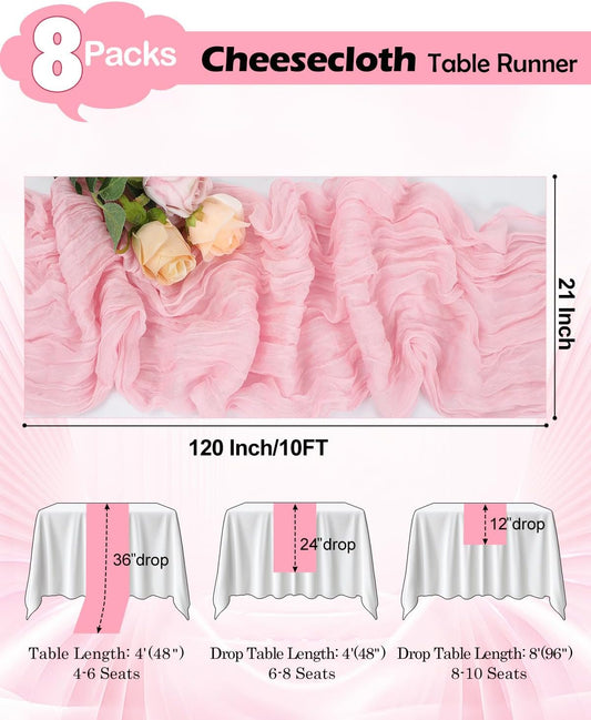 8 Pack Pink Cheesecloth Table Runner 21x120 Inch | Boho Gauze, Rustic Light Pink, Wedding Birthday Party Baby Shower, Centerpiece Valentine's Day Home Decorations