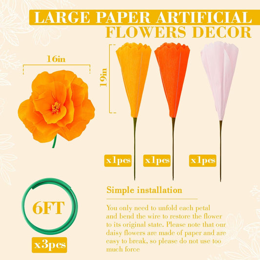 3pcs 5ft Large Mix Color Poppy Flowers Giant Artificial Poppy Standing Huge Handcrafted Decoration for Garden Hotel Office Wicked Birthday Wedding Bridal Shower Art Gallery Shop Window Display