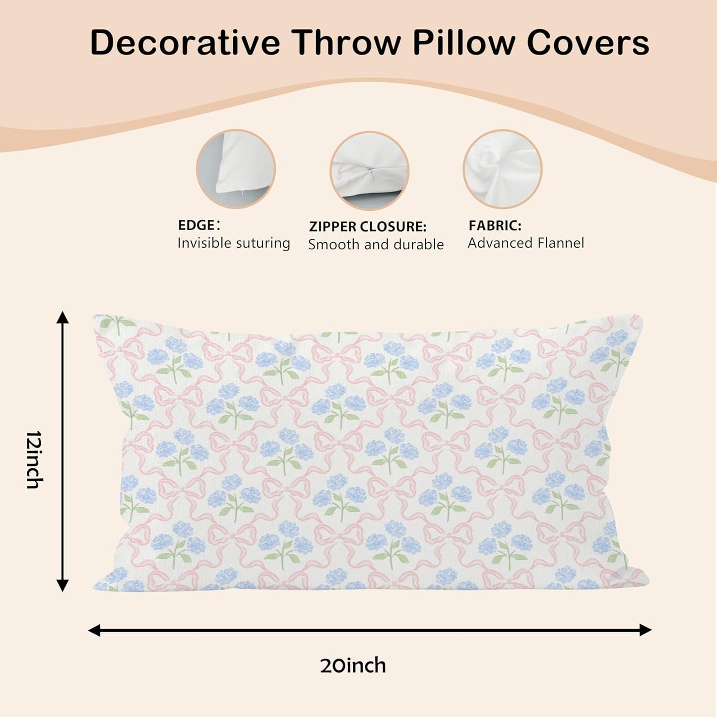 Coquette Pink Bow Hydrangea Floral Pillow Covers 12x20, Coquette Room Decor, Preppy Ribbon Bow Blue Hydrangea Flower Decorative Lumbar Pillow Covers for Girls Bedroom Dorm Home