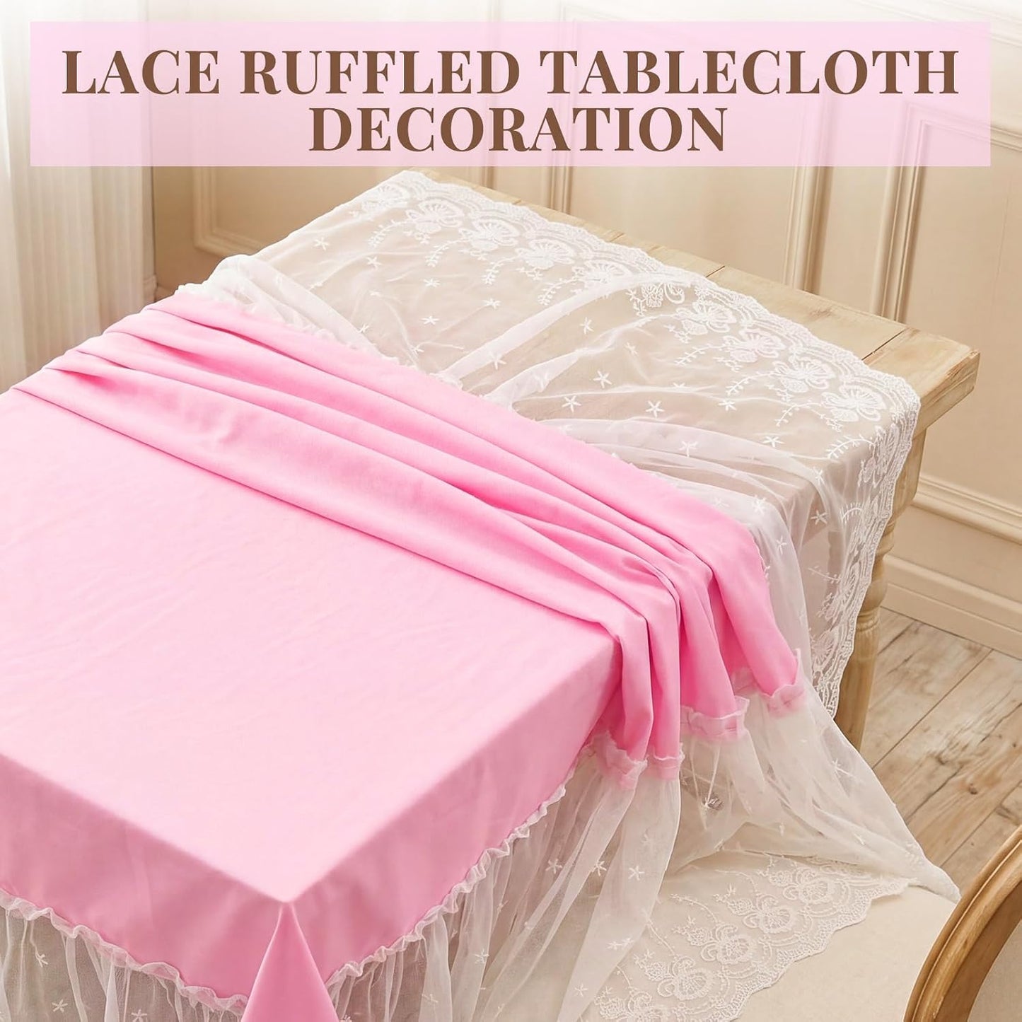 Mindsoft Pink Lace Ruffle Tablecloth 52 x 70 Inch, French Floral Edge Rectangular Table Cover, Washable Polyester Table Linen for Tea Party Baby Shower Bridal Shower Wedding Dessert Tables Decor