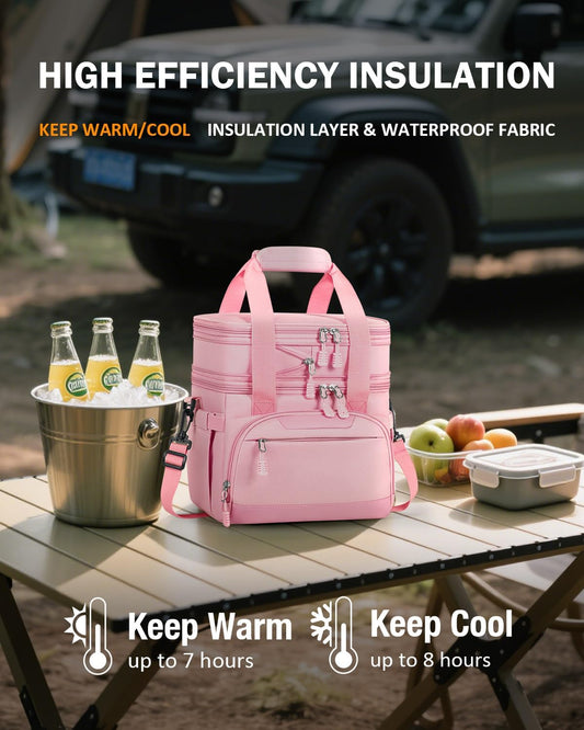 Large Lunch Box for Men/Women Dual-Compartment Insulated Lunch Bag,Adults Expandable Leakproof Cooler Bag Lunch Tote with Adjustable Shoulder Strap for Work Camping Picnic,Pink 24-Can(14L)