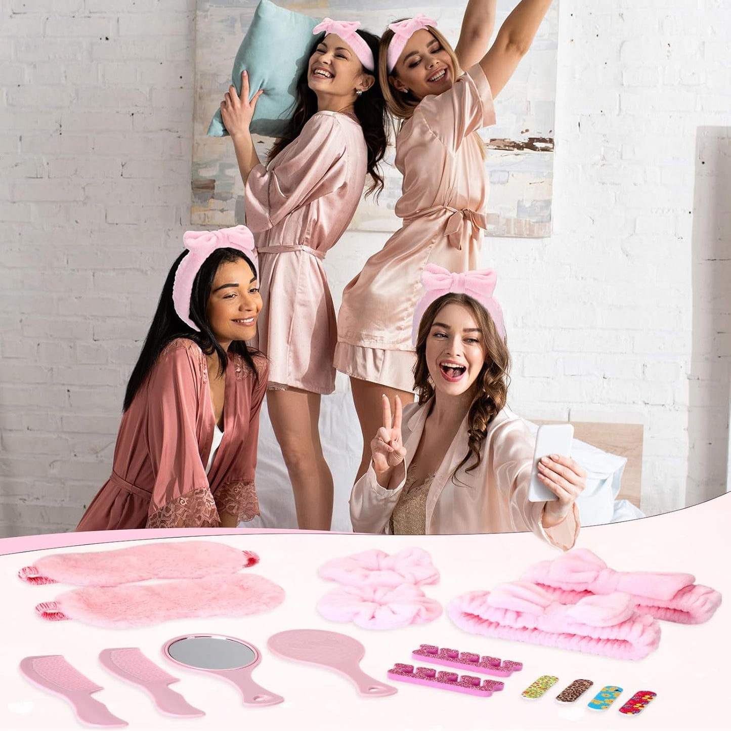 Janinka 108 Pcs Sleepover Spa Party Supplies for 12 Guests, Including Pink Headband, Scrunchies, Eye Mask, Nail File, Toe Separator, Comb, Mirror, Drawstring Bag for Women's Pajama Party