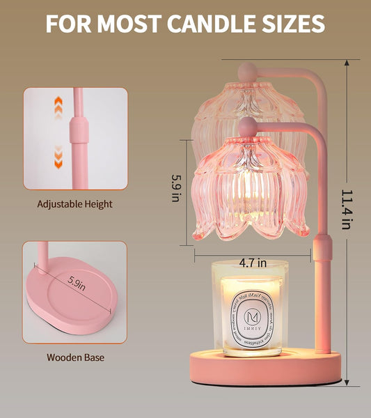 MEIXISUE Pink Flower Candle Warmer Lamp with Timer Dimmer, Adjustable Height No Flame Wax Warmer for Jar Candles, Ideal Gifts for Mom Women, Housewarming New Home Bedroom Decor with 2 Bulbs