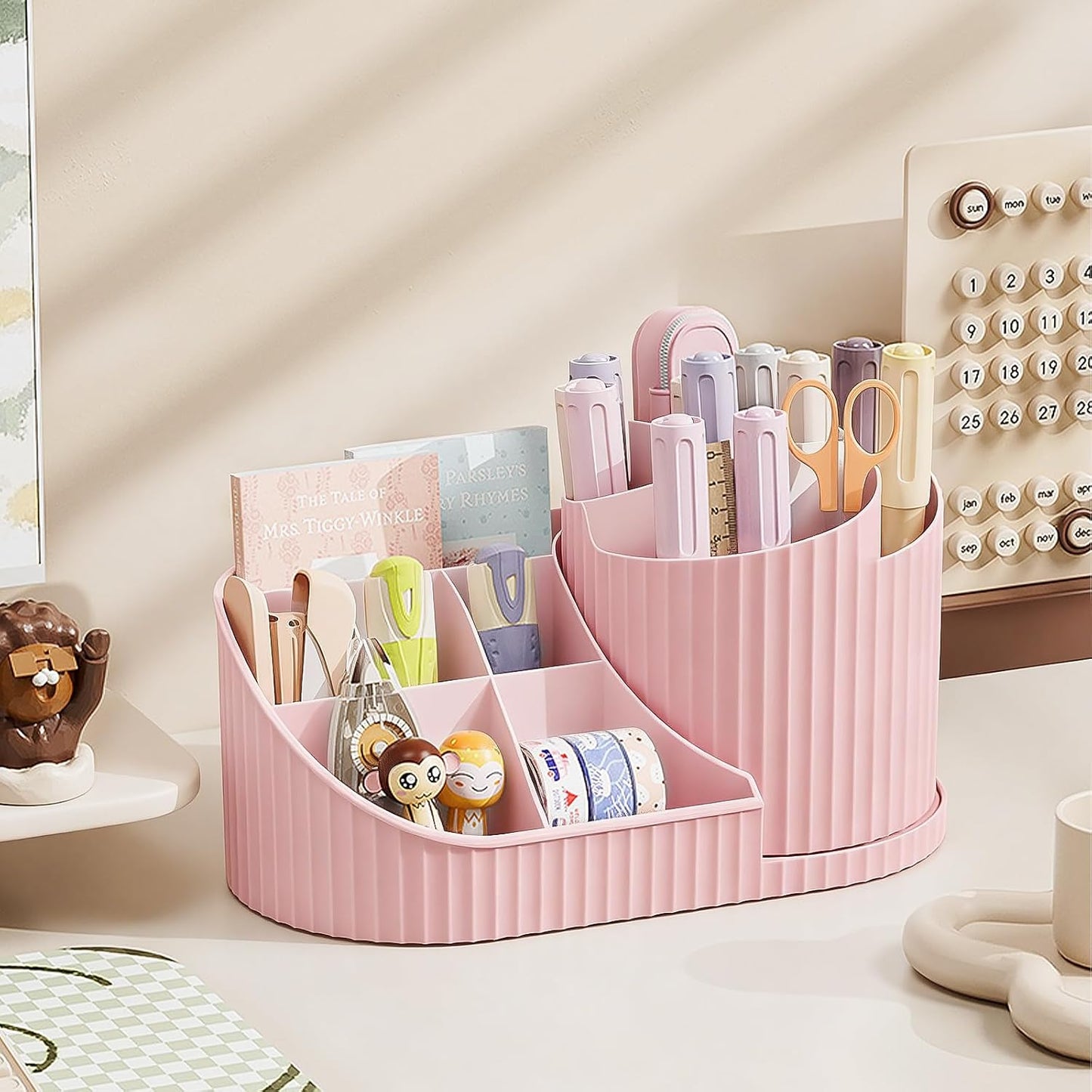 Anyoifax 360 Rotating Makeup Brush Holder Organizer with Divider 5 Slots Make Up Brushes Cup Flower-Shaped Spinning Pen Holder for Vanity, Cosmetics, Lipsticks, Pink