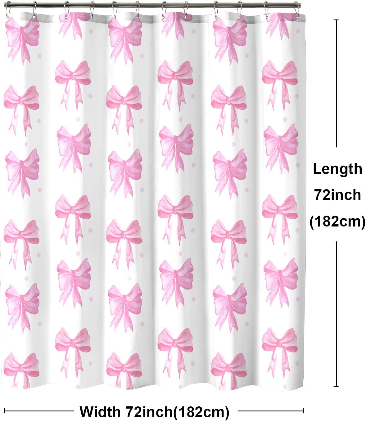 Pink Shower Curtain, Cute Bow Kids Girls Girly Fabric Bathroom Curtains Set with Hooks, Waterproof Home Decoration, 72x72 Inch