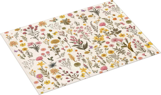 Floral Dish Drying Mat for Kitchen Counter, 18"x24" Absorbent Coffee Bar Mat with Vintage Flower Herbs, Dish Drainer Rack Mat for Kitchen Counter