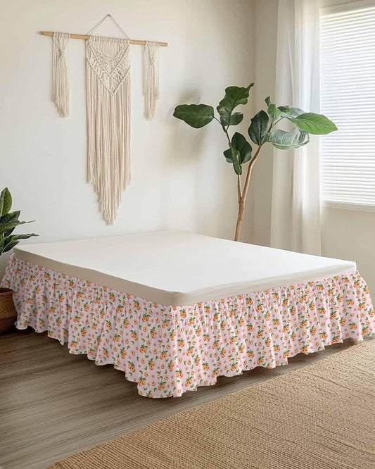Bed Skirt Pink Peaches Bedskirt 16 Inch Drop Flowers Summer Fruit Adjustable Elastic Wrap Around Bed Skirts Dust Ruffle for Queen Size Bed Frame Cover