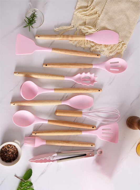 19-Piece Kitchen Utensil & Knife Block Set: 12 Non-Stick, Heat-Resistant Silicone Cooking Utensils (Spatula, Tongs, Ladle, Scissors) + 5 Sharp Kitchen Knives & Cutting Board (Pink)