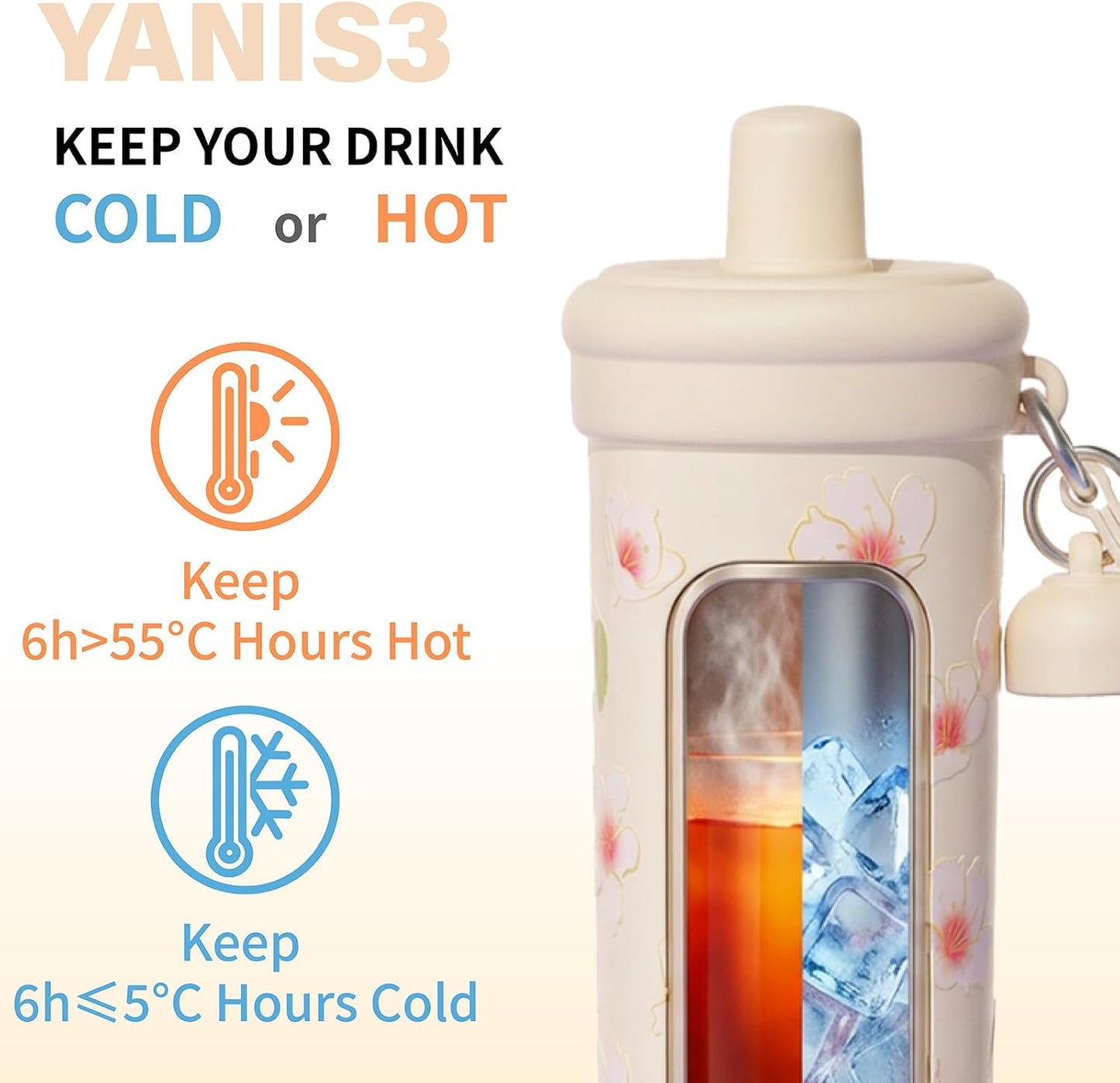 20 oz Thermo Cup with Straw, Thermal Insulated Car Cups with Hand Strap, Stainless Steel Cups with Leak-Proof Lid, Insulated Tumbler Ideal for Office, Travel and Outdoor Use (Peach Blossom)