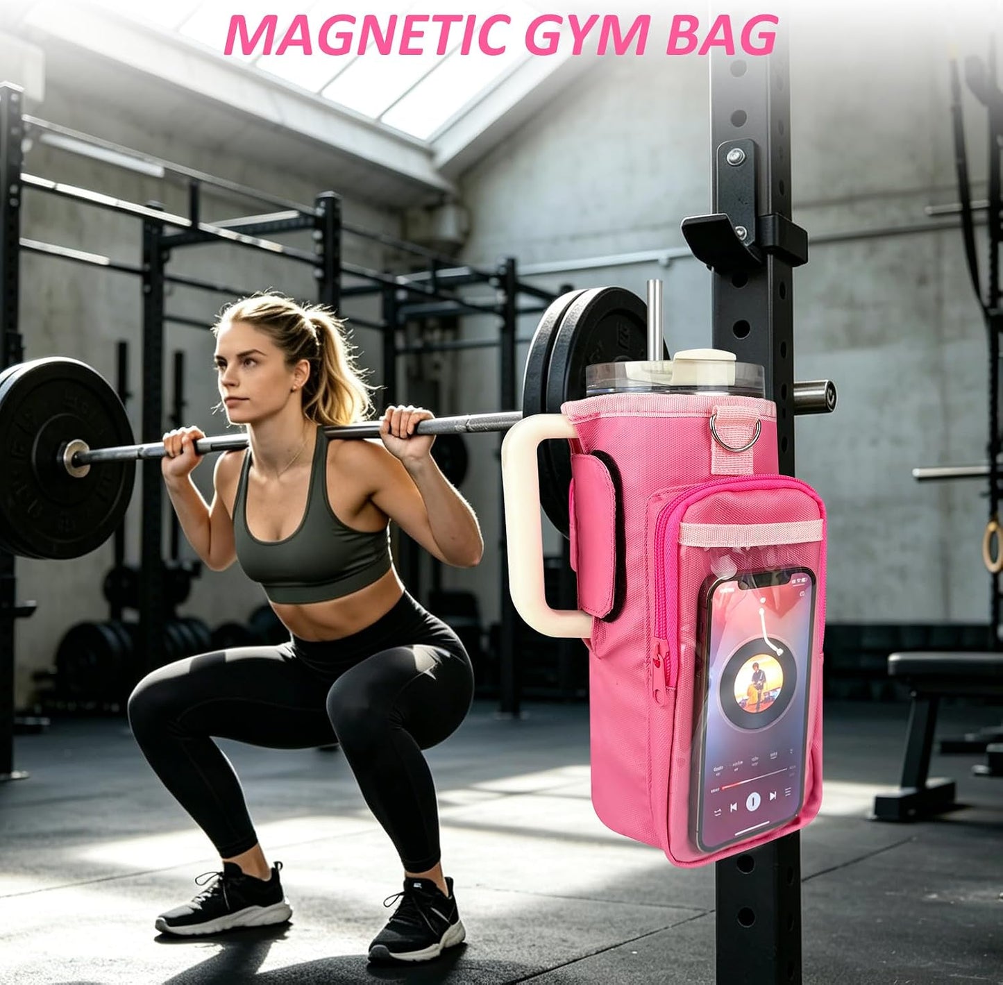 Magnetic Gym Bag, Magnetic Water Bottle Holder for Stanley, Gym accessories, Gym Gifts for Women and Men (PNK, 40 OZ)
