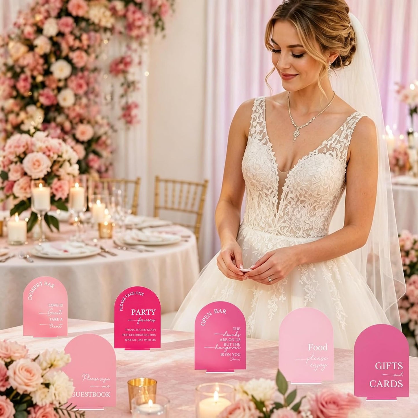 Whaline 6 Pcs Acrylic Wedding Signs 5x7" Pink Arched Table Signs with Stands for Wedding Ceremony Reception Open Bar Guest Book Dessert Bar Gifts & Cards Party Favors Food Sign