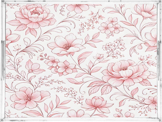 Kigai Abstract Pink Floral Serving Tray with Handles, 12x16 Inch Decorative Acrylic Tray Organizer, Multi-Purpose Sturdy Serving Platter for Coffee Table, Kitchen, Vanity, Nightstand
