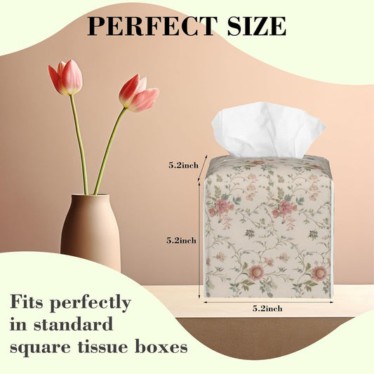 Vintage Pink Floral Flowers and Vines Tissue Box Cover Square Leather Tissue Holder Waterproof Facial Paper Organizer Dispenser Cube Paper Cover Case for Home Office Bathroom Vanity Countertop