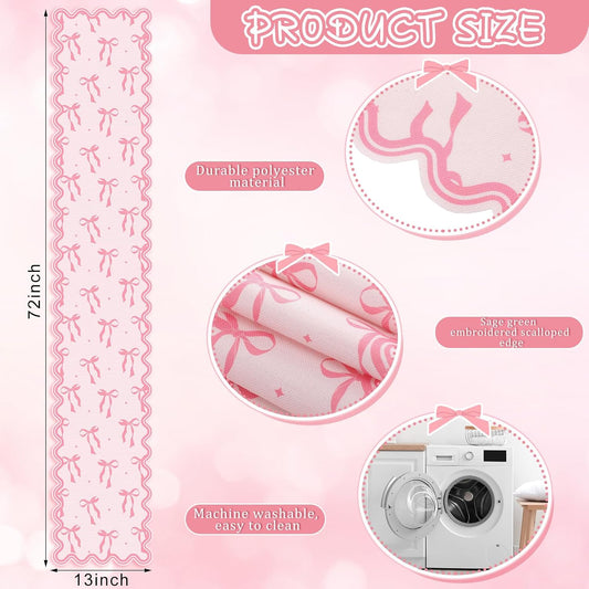 Pink Bow Table Runner 72 Inches Cute Heart Linen Fabric Scalloped Table Runner Coquette Dining Decor for Birthday Baby Shower Party School Home Decor(Bow B)