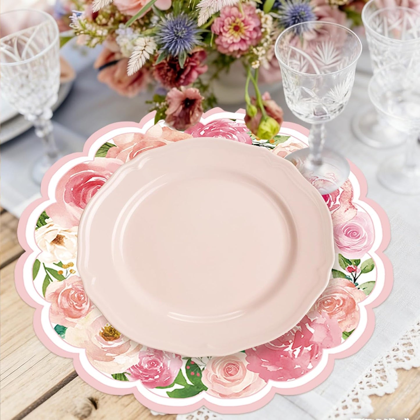 50 Pcs Pink Floral Paper Placemats Disposable,13.4 Inch Watercolor Roses Floral Round Place Mats Spring Summer Table Mats for Birthday Wedding Banquet Bridal Shower Party Supplies