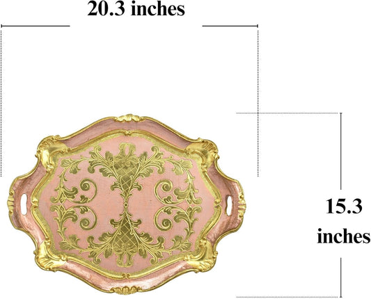 Vintage Florentine Wood Vanity Tray with Handles, Large, 20.3" x 15.3", Vintage Home Decor, Gold Tray, Perfume Platter, Made in Italy (Pink, Large)