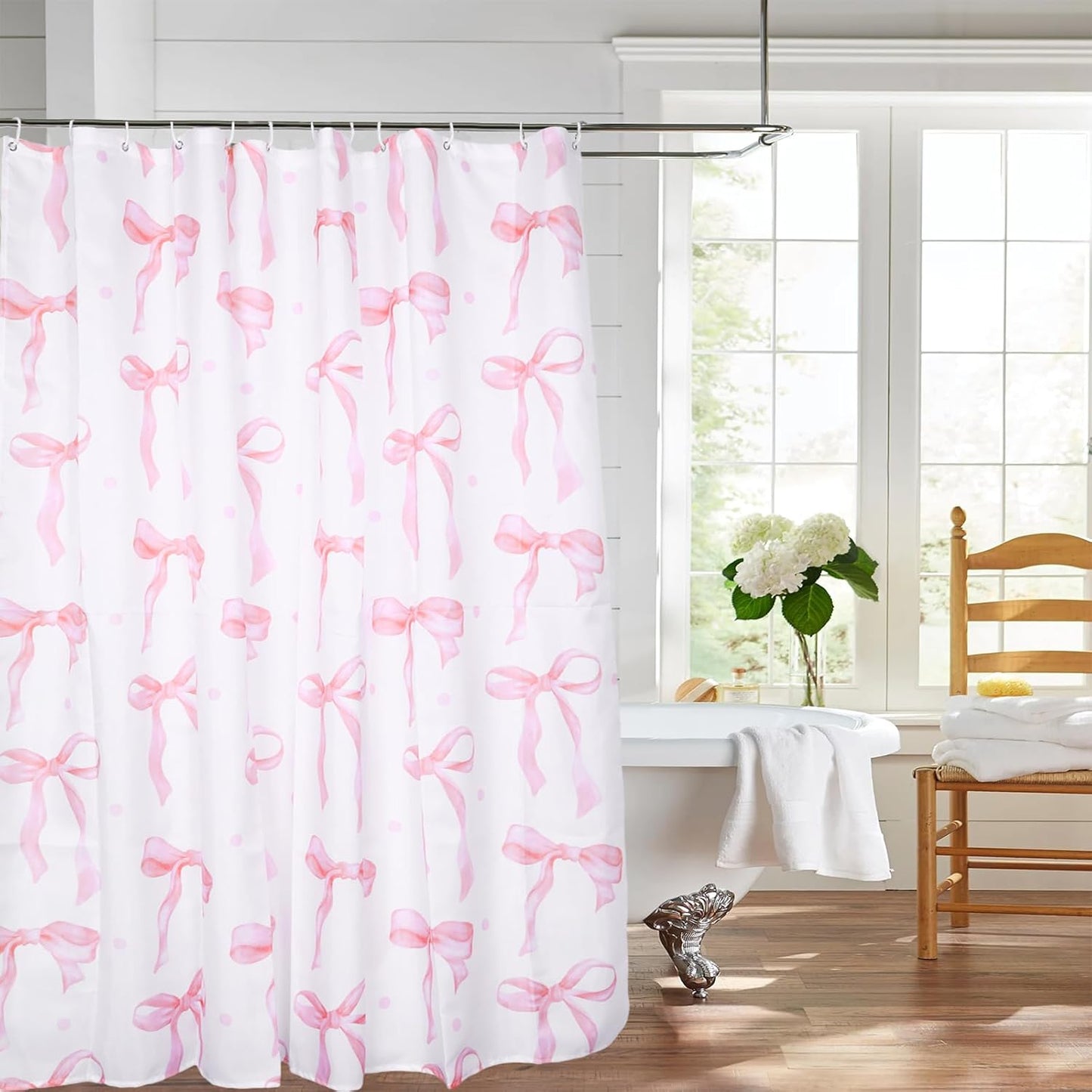 Cute Pink Bow Shower Curtain, Bow Pink Shower Curtain Cute Fabric for Bathroom Aesthetic Cloth Set with Hooks Butterfly Knot Bathroom Home Decor for Girls Women 71 x 71 Inch