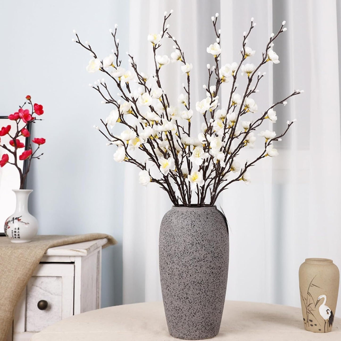 HERCHR Artificial Flowers, 7pcs Cherry Blossom Branches Spring Indoor Decoration 21.7in Long Stem Plum Fake Peach Plants for Wedding Home Hotel Bedroom Party Office Table Centerpieces Decor (White)