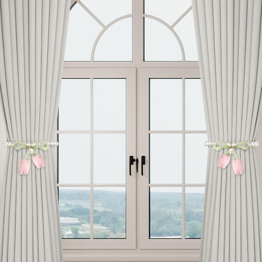 Meplait 2 Pack Magnetic Curtain Tiebacks, Curtain Holdbacks with Tulip Flower & Pearl Adjustable No Drill Curtain Tie Backs for Living Room Bedroom Baby Nursery Home Decor (Pink)