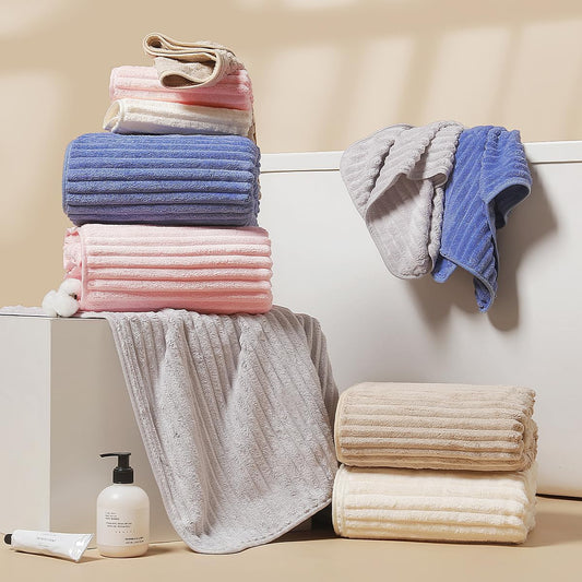 10 PCS Rainbow Coral Fleece Towels Set - Super Absorbent,Extra Large Size, Cost-Effective(Milk White, Deep Blue, Coffee, Pink, Gray)