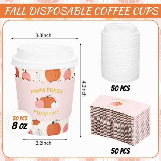 FYSUIMU 50 Pcs 8 Oz Fall Thanksgiving Disposable Coffee Cups with Lids and Sleeves Cute Pink Orange Pumpkin Paper Drinking Cups for Autumn Home Picnic Travel Office Business