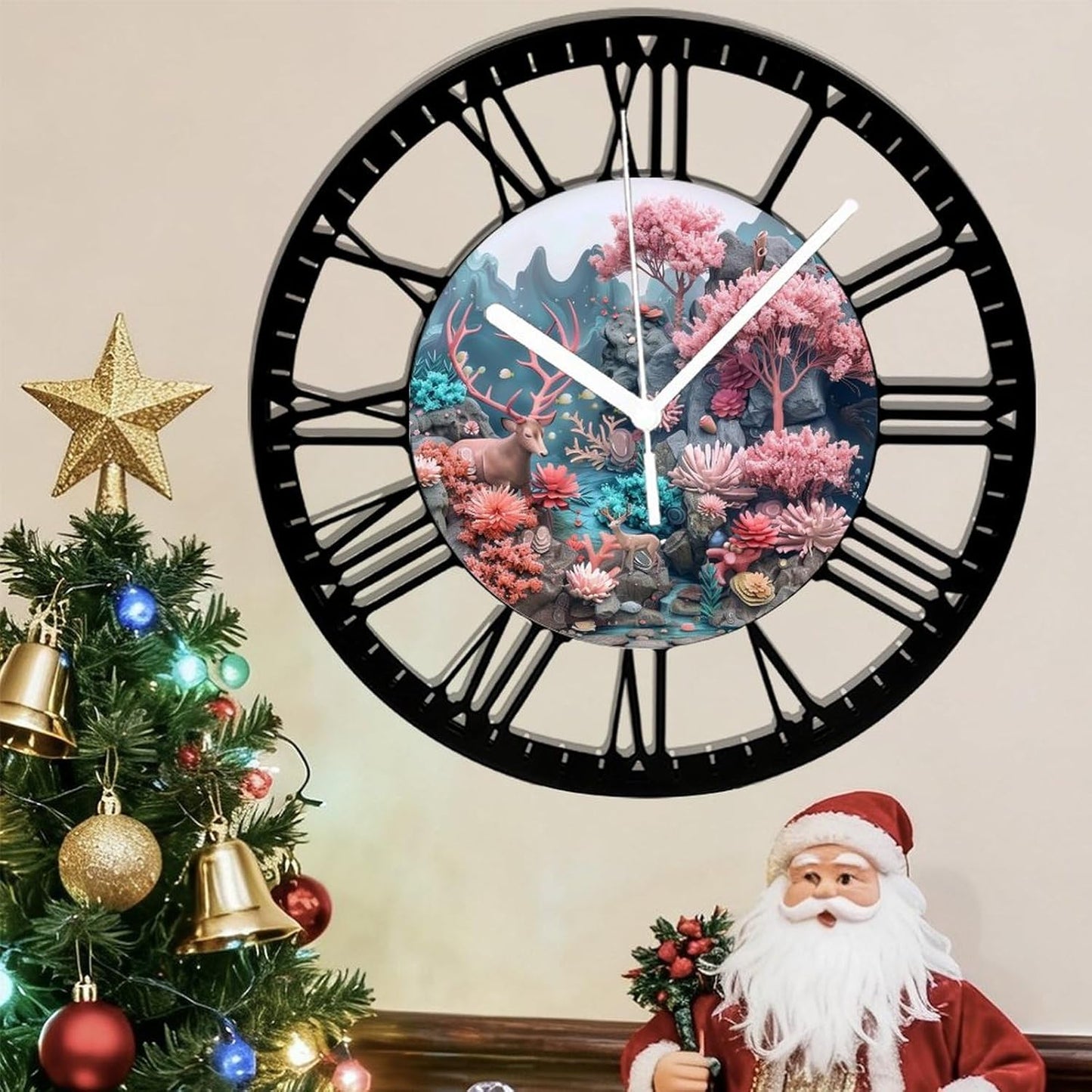 Metal Wall Clock for Living Room -10" Deer Among Pink Trees Coral Stream Silent Non Ticking,Battery Operated, Antique Clocks for Farmhouse,Bedroom,Kitchen - Rome Numerals