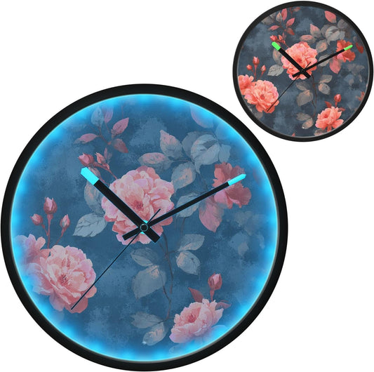 Night Light Wall Clock, Silent Non Ticking Analog Clock with LED Glow, High Transparent Acrylic Round Coral Pink Roses Wall Clocks, Battery Operated (Batteries Not Included)