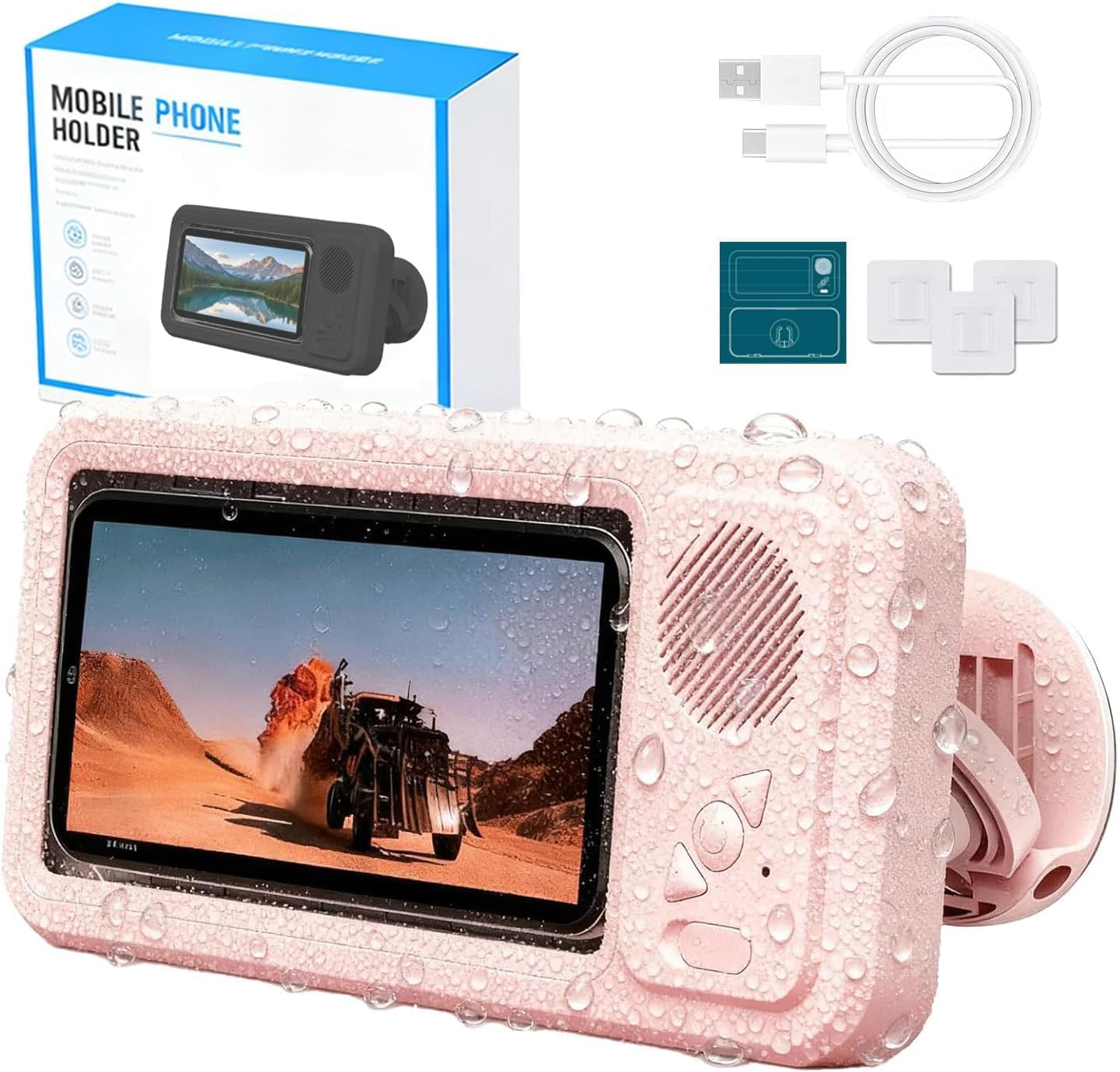 RTENBUAN Shower Phone Holder Waterproof with Wireless Bluetooth Speaker, Hands-Free Shower Phone Holder for Any Phone, Wall Mounted Phoneholder for Bathroom Mirror (Pink)