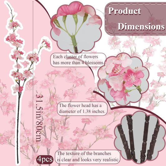 4 Pcs Cherry Blossom Branches Fake Flowers for Spring Summer Indoor Home Decor 32" Pink Faux Artificial Cherry Flowers Long Stems for Vase Wedding Office Party Table Centerpieces Bedroom Decor