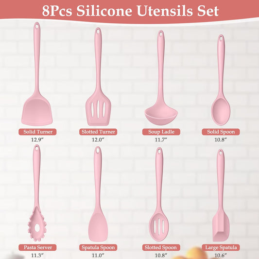 LIANYU Pink Silicone Cooking Utensils Set of 8, Non-Toxic Kitchen Utensils with Spatulas Spoons, Heat Resistant Non-Scratch Kitchen Tool, Healthy & Dishwasher Safe